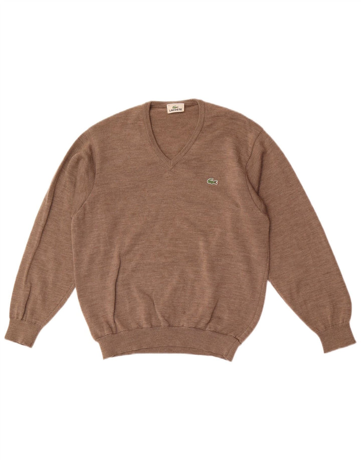 Maglione maglione da uomo con scollo a V Lacoste taglia 3 piccolo marrone lana vergine