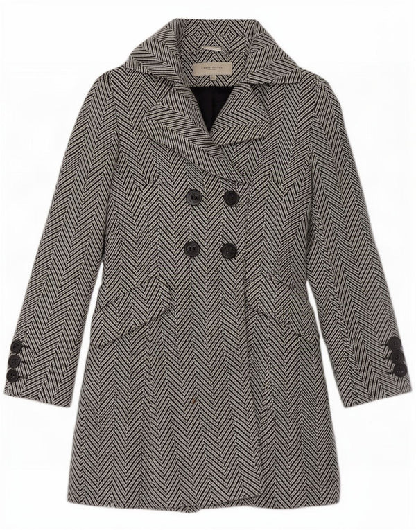Karen Millen Womens Double Breasted Coat UK 10 Small Black Herringbone Wool
