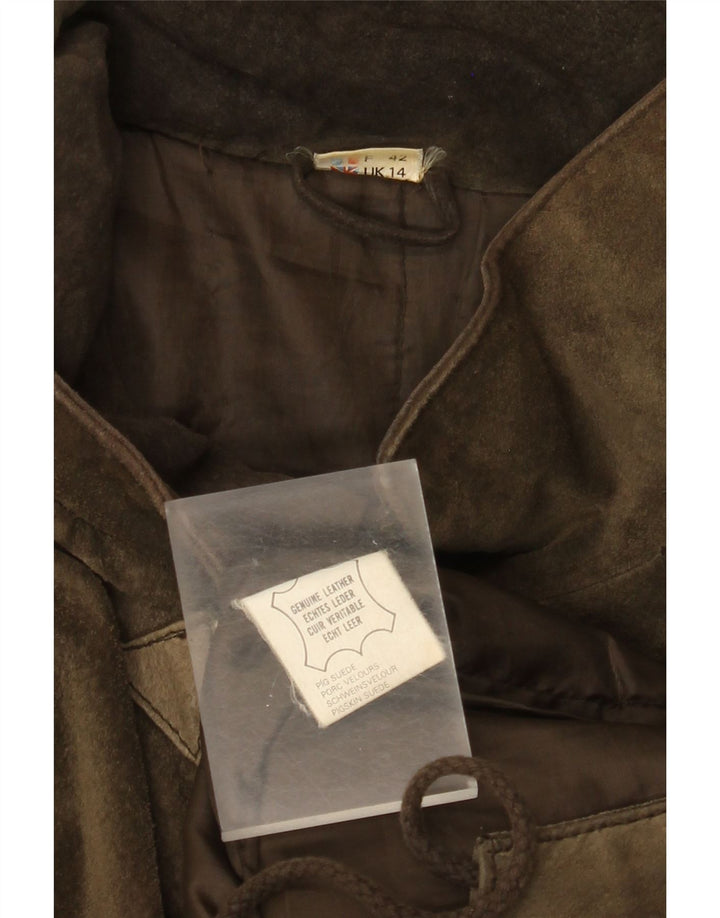 Giacca parka vintage da donna oversize in pelle scamosciata con cappuccio UK 14 grande color kaki