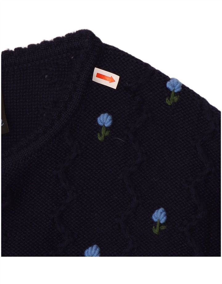 Maglione cardigan corto da donna vintage UK 12 medio blu navy floreale
