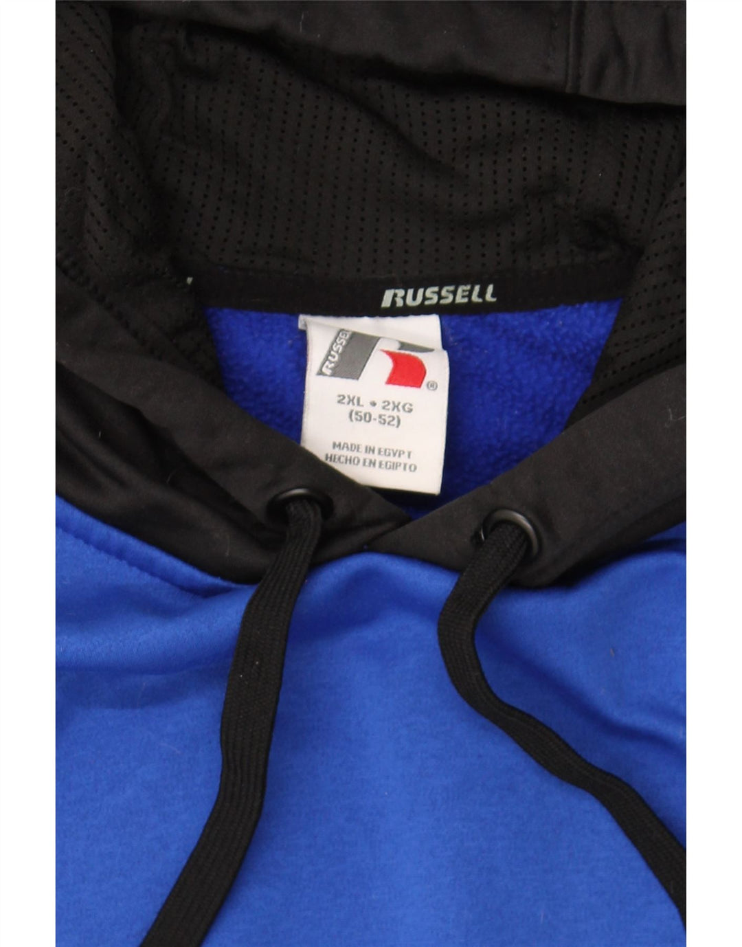 RUSSELL ATHLETIC Mens Hoodie Jumper 2XL Blue Colourblock Polyester Vintage Russell Athletic and Second-Hand Russell Athletic from Messina Hembry 