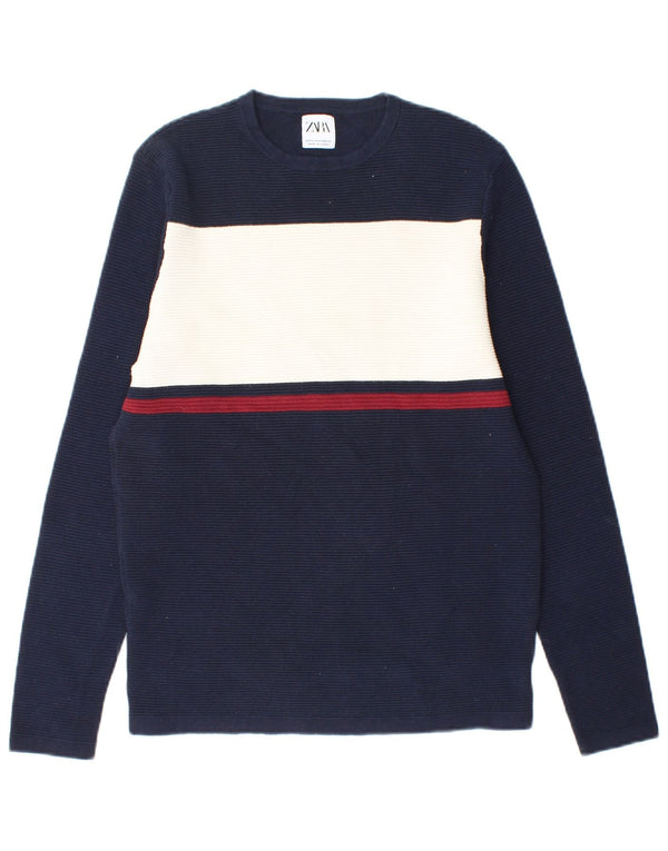 Maglione ZARA da uomo girocollo in cotone color block medio blu navy