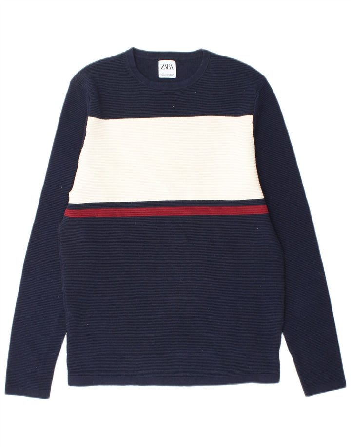 Maglione ZARA da uomo girocollo in cotone color block medio blu navy