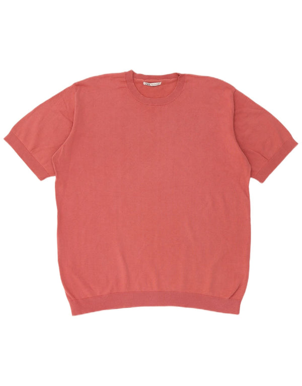 Maglione Zara da uomo girocollo a maniche corte, grande, in cotone rosa