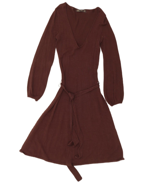 Abito maglione a maniche lunghe da donna Zara UK 12 Rayon marrone medio