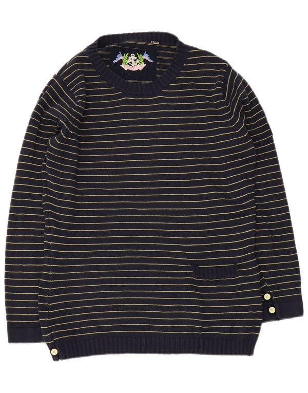 Maglione maglione girocollo da donna vintage UK 14 medio a righe blu navy