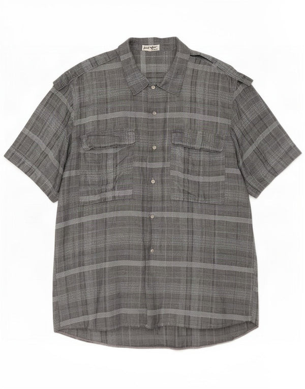 Camicia militare vintage da uomo a maniche corte IT 52 Lino a quadri grigio grande