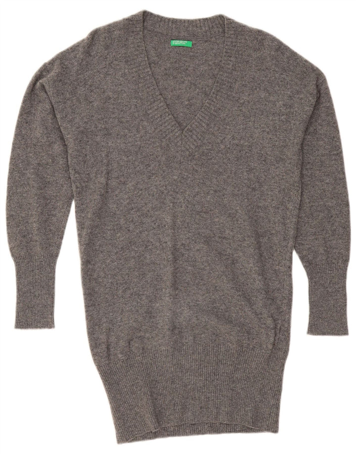BENETTON Maglione oversize da donna con scollo a V lungo e lungo UK 10 Piccolo Grigio