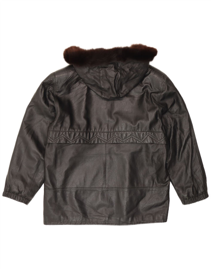 Giacca in pelle con cappuccio da donna vintage IT 46 grande in pelle nera