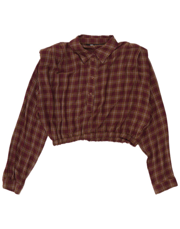 Top corto a maniche lunghe da donna Zara in viscosa a quadri bordeaux UK 16