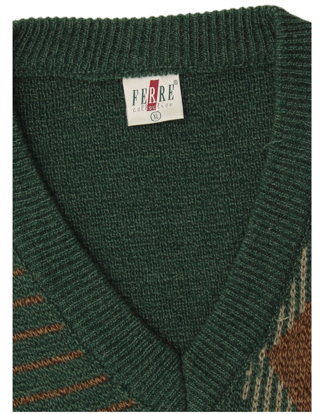 VINTAGE Maglione da uomo con scollo a V XL Verde Argyle/Diamante Acrilico Classico