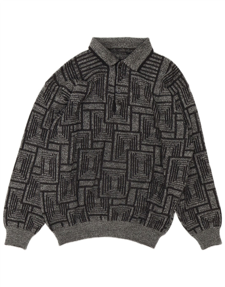 Maglione Uomo Vintage a Collo Alto Taglia L Grigio Geometrico