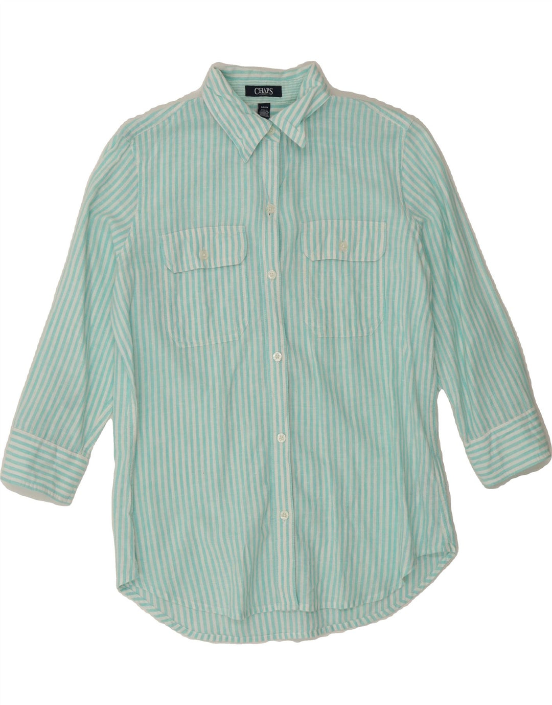 CHAPS Womens 3/4 Sleeve Shirt UK 10 Small Blue Striped Linen Vintage Chaps and Second-Hand Chaps from Messina Hembry 