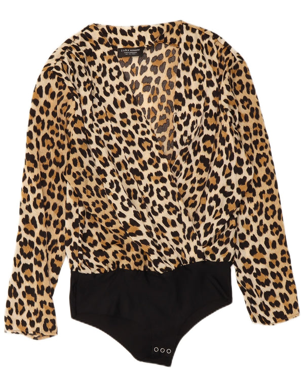 Body a maniche lunghe da donna Zara UK 10 piccolo poliammide con stampa animalier marrone