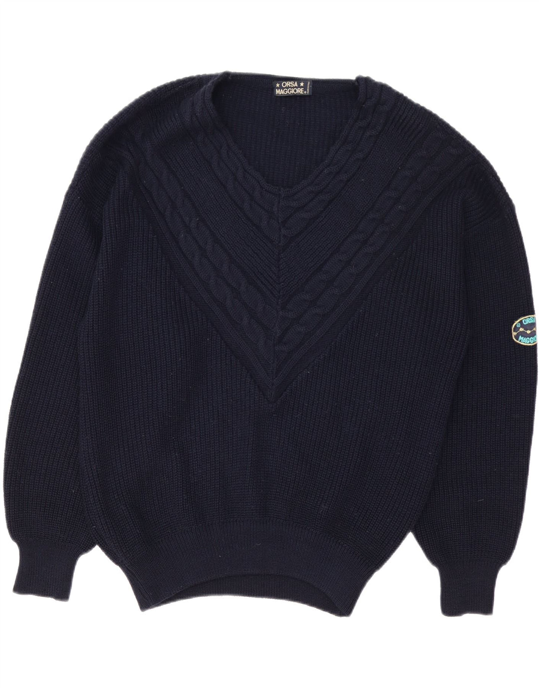 Maglione vintage da uomo con scollo a V XL in lana blu navy