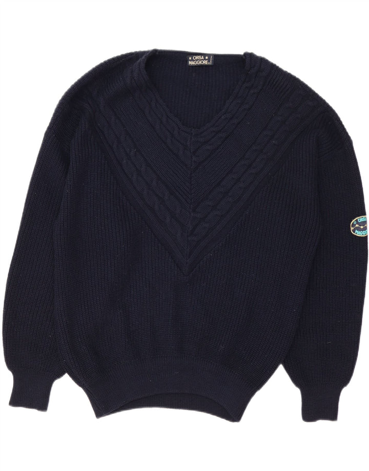 Maglione vintage da uomo con scollo a V XL in lana blu navy