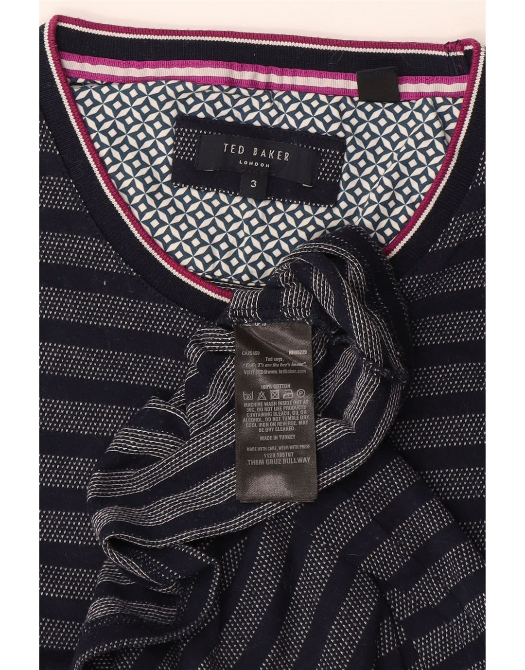 T-shirt da uomo Ted Baker taglia 3 media cotone a righe blu navy