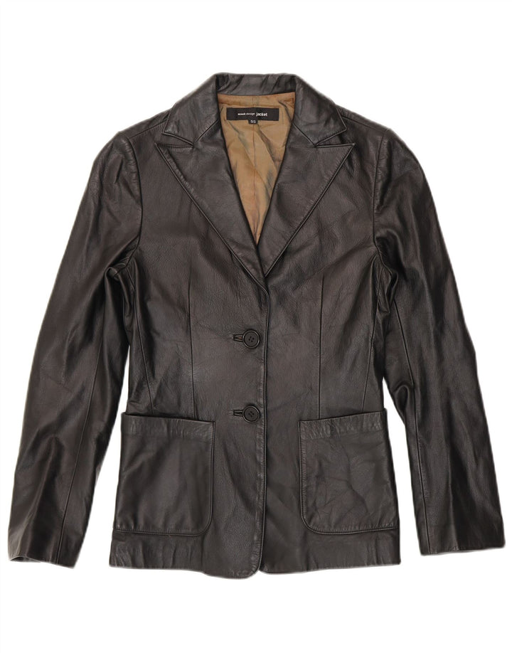 Giacca blazer in pelle vintage da donna a 2 bottoni UK 10 piccola nera