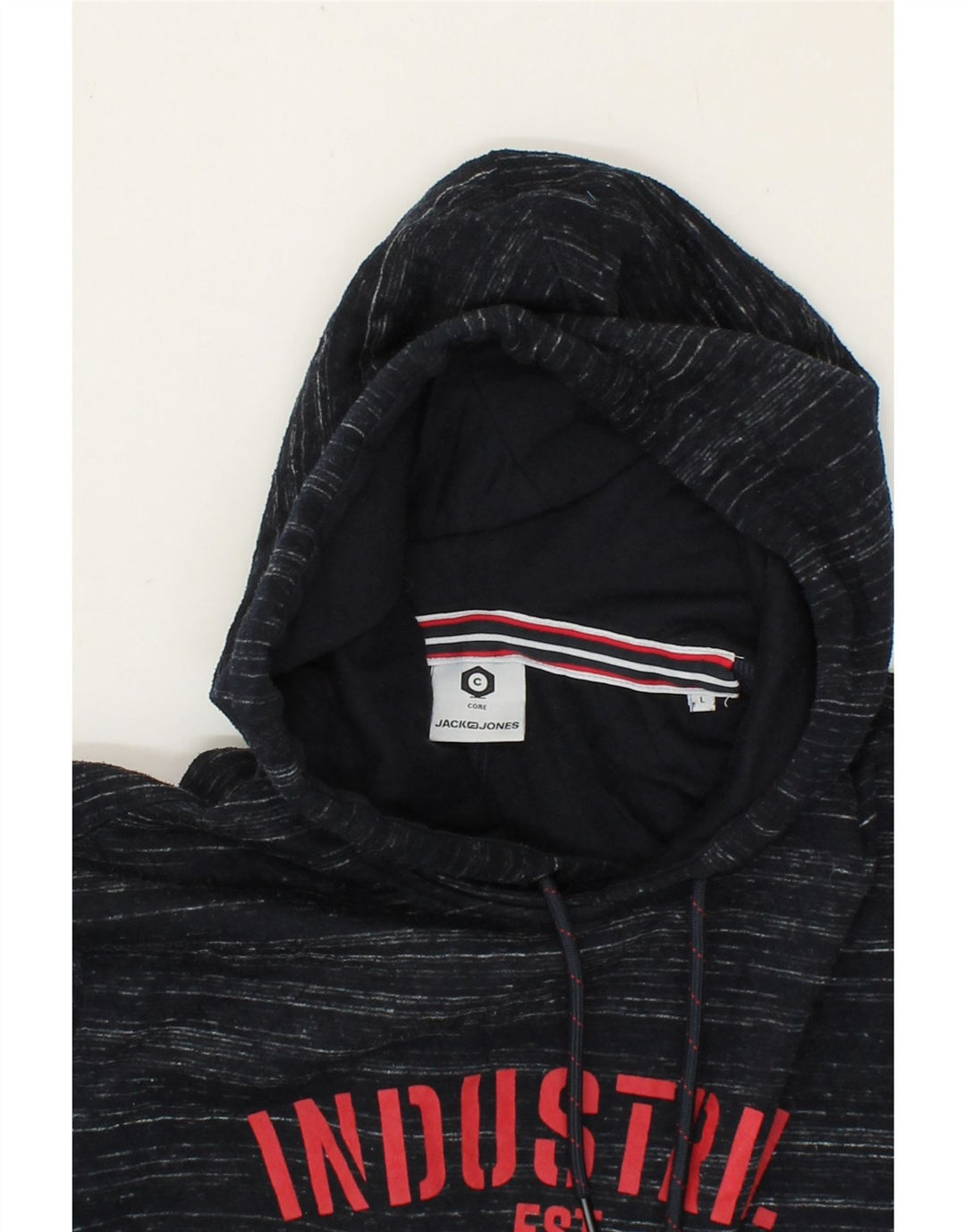 JACK & JONES Mens Graphic Hoodie Jumper Large Black Flecked Polyester Vintage Jack & Jones and Second-Hand Jack & Jones from Messina Hembry 