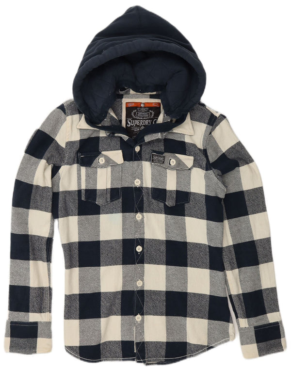SUPERDRY Boys Hooded Flannel Shirt 15-16 Years Large  Navy Blue Chevron