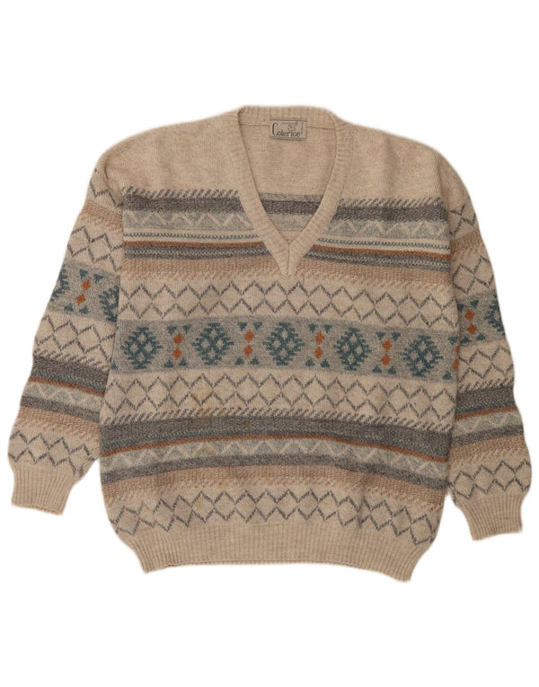 Maglione vintage da uomo con scollo a V XL Lana Fair Isle beige