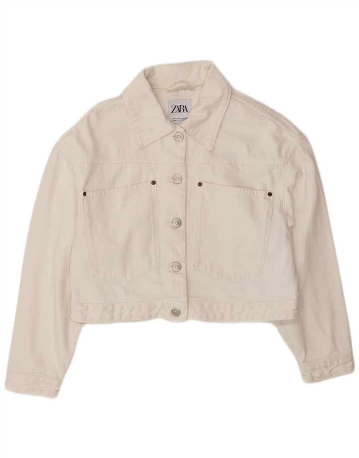 Giacca di jeans oversize corta da donna Zara UK 10 piccola in cotone bianco