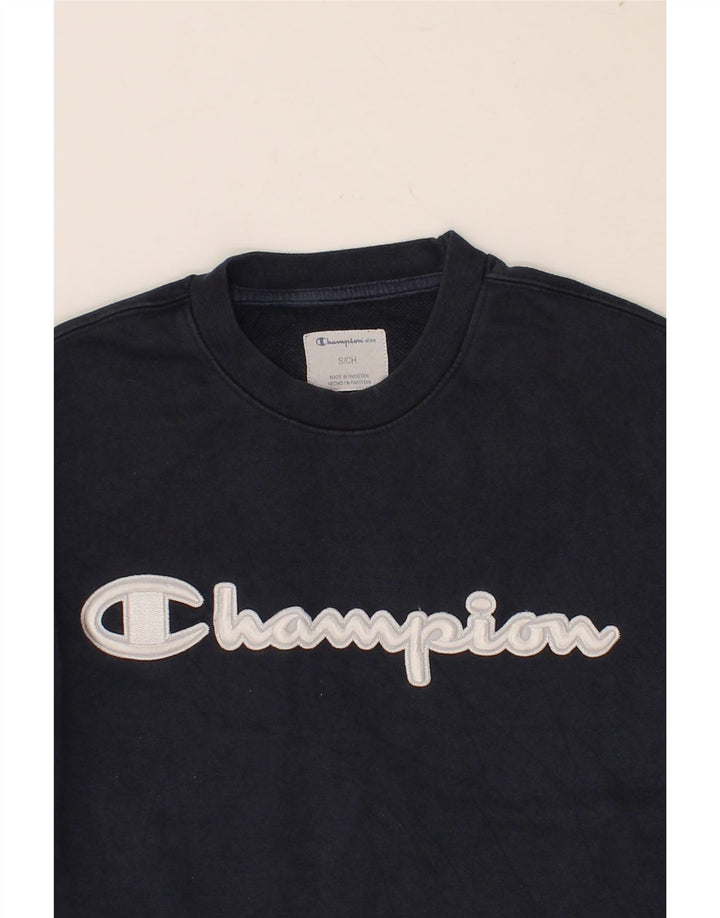 CHAMPION Mens Graphic Sweatshirt Jumper Small Navy Blue Cotton Vintage Champion and Second-Hand Champion from Messina Hembry 