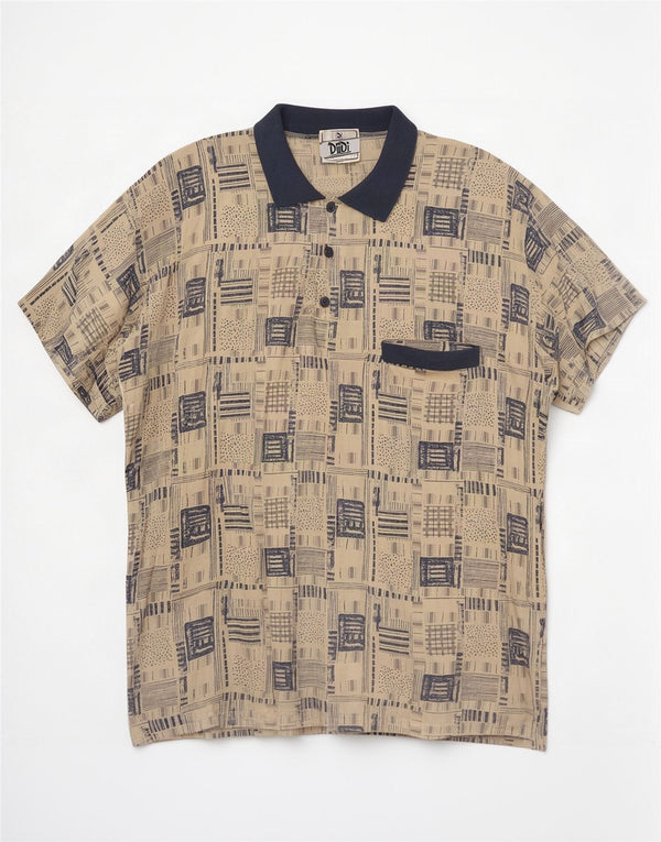 Camicia pullover a maniche corte vintage da uomo XL in viscosa patchwork beige