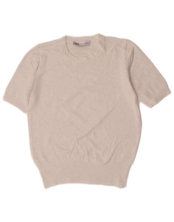 Maglione corto girocollo a maniche corte da donna Zara UK 10 piccolo bianco