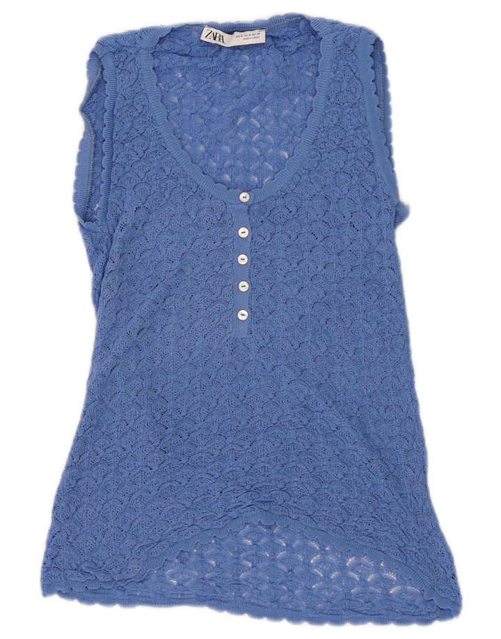 Top Zara da donna senza maniche all'uncinetto, blusa UK 12, blu medio