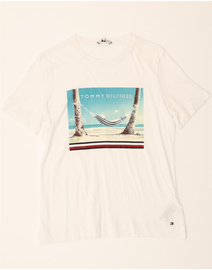 TOMMY HILFIGER Mens Graphic T-Shirt Top Small White Cotton Vintage Tommy Hilfiger and Second-Hand Tommy Hilfiger from Messina Hembry 