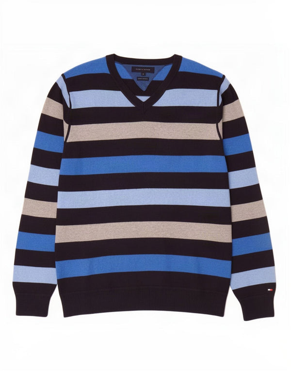 Tommy Hilfiger Uomo Maglione con scollo a V Maglione XL Cotone a righe blu navy