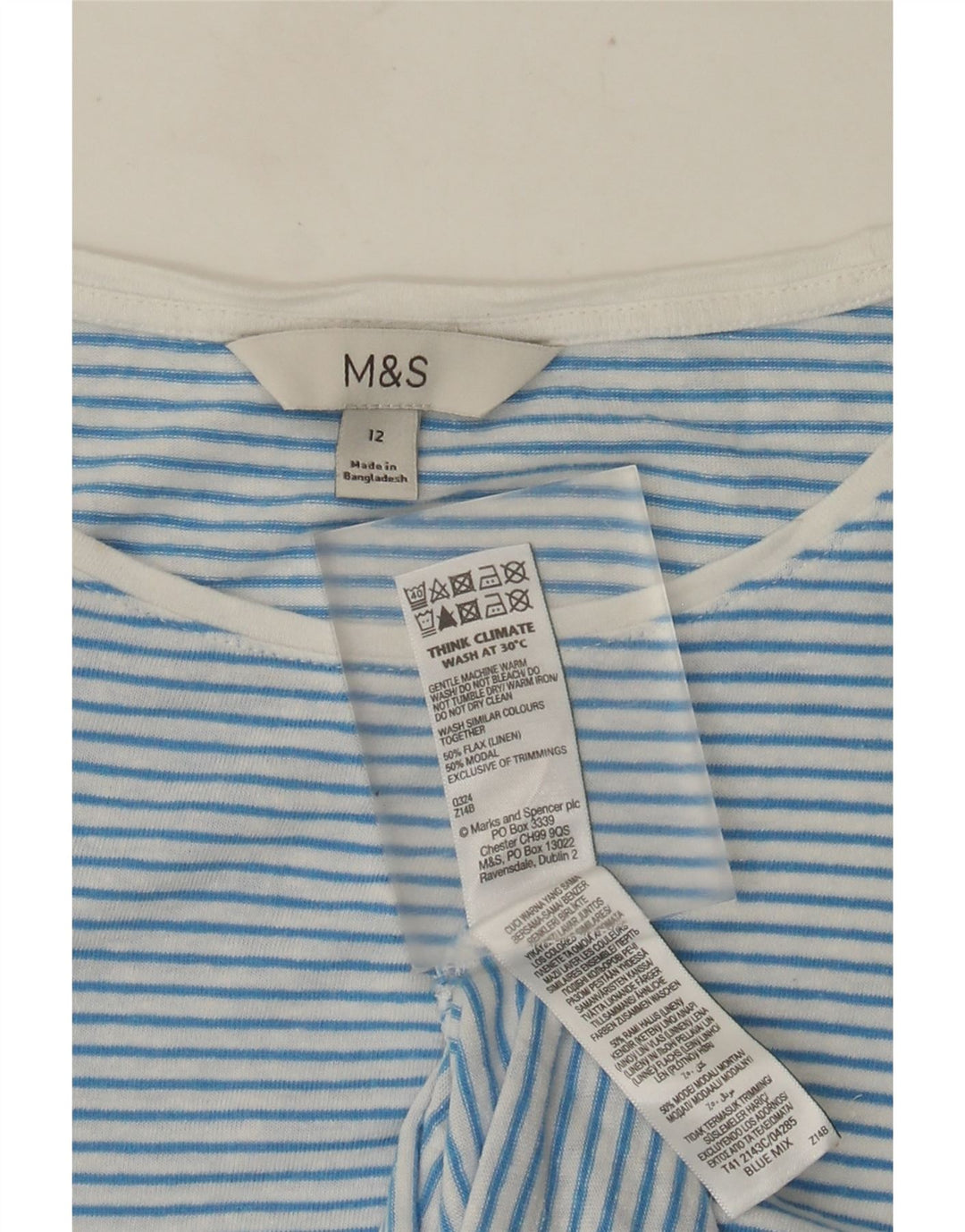 T-shirt da donna Marks & Spencer Top UK 12 Lino a righe blu medio