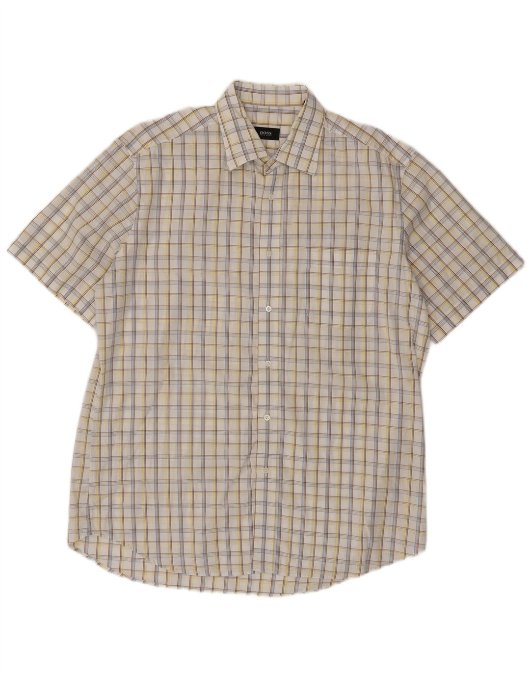 Camicia a maniche corte da uomo HUGO BOSS taglia 16 1/2 42 grande cotone a quadri bianchi