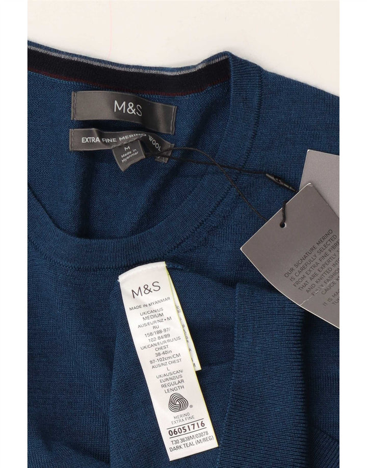 Maglione maglione girocollo da uomo Marks & Spencer medio blu navy in lana merino