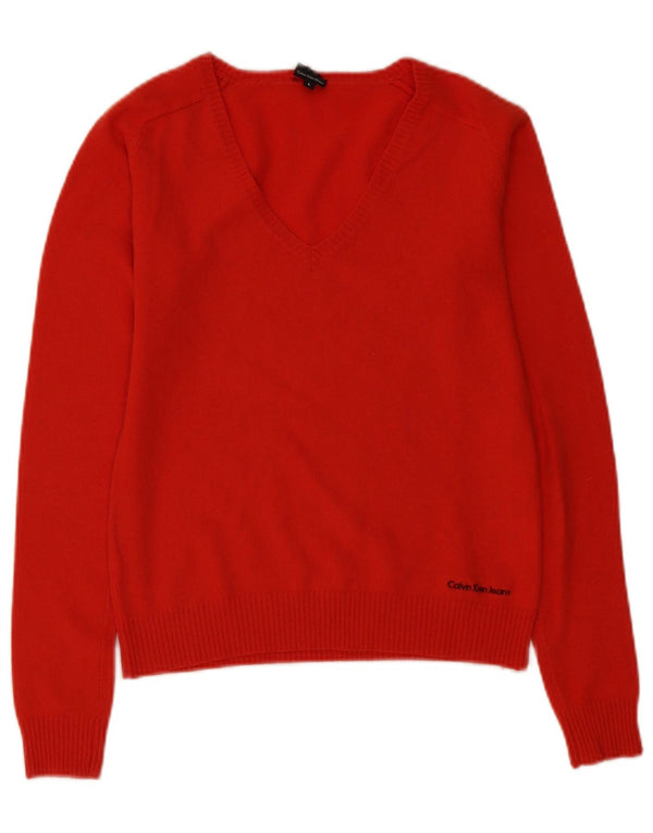 Maglione maglione con scollo a V da donna Calvin Klein UK 16 Large Red Cashmere