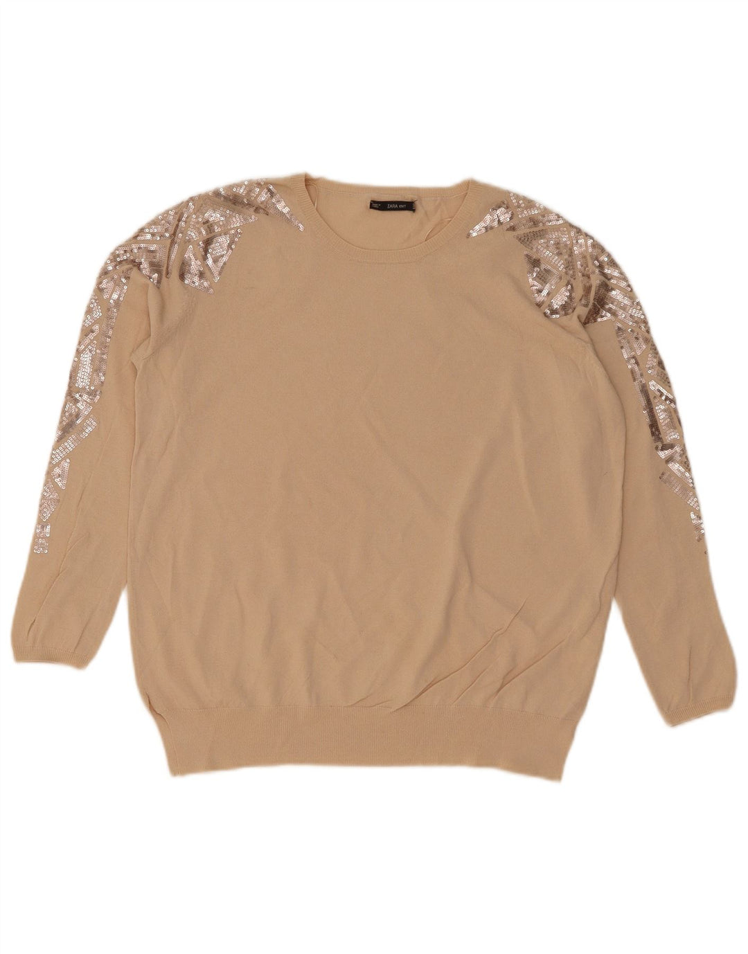 Maglione maglione girocollo da donna Zara UK 14 Beige medio geometrico