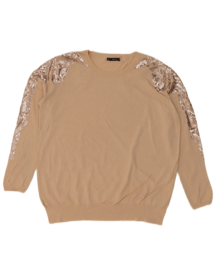 Maglione maglione girocollo da donna Zara UK 14 Beige medio geometrico