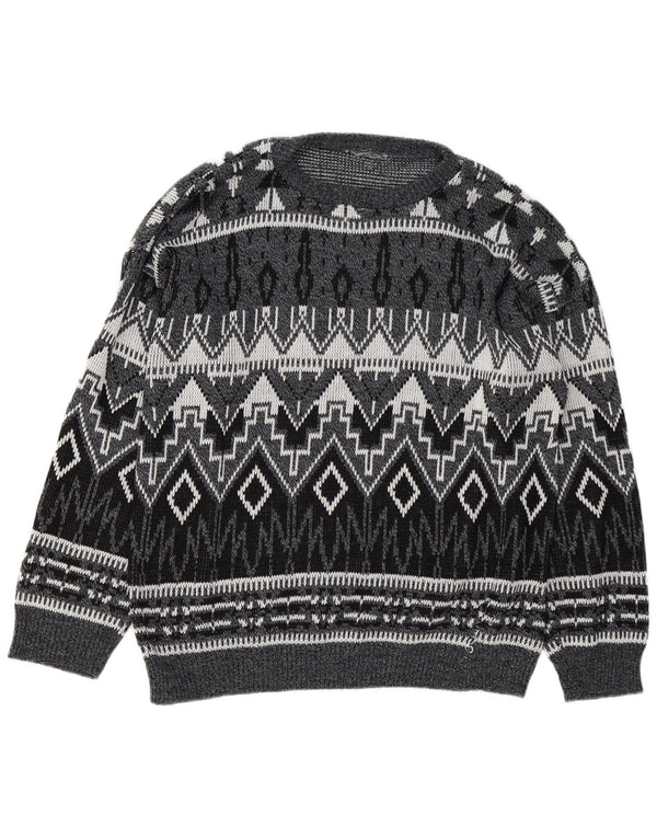 Maglione vintage da uomo con scollo a barca, grande grigio geometrico