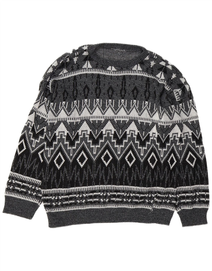 Maglione vintage da uomo con scollo a barca, grande grigio geometrico