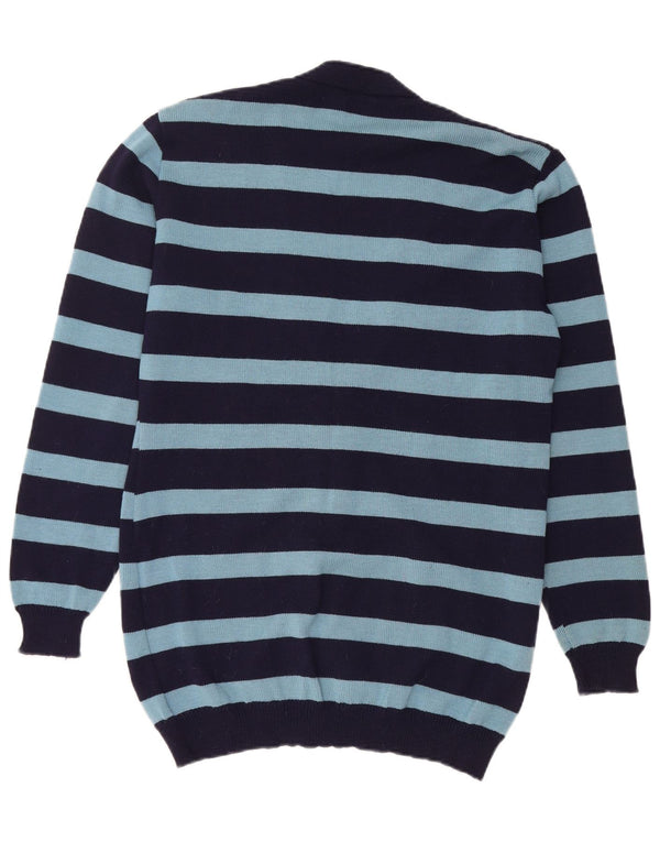 Maglione cardigan lungo da donna vintage UK 12 medio blu navy a righe