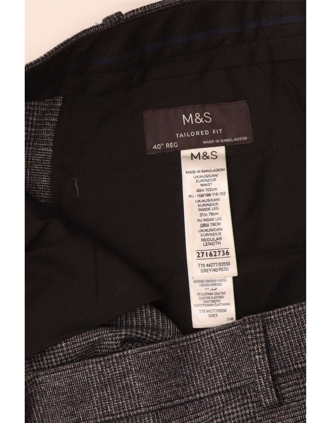 Pantaloni da abito dritti su misura da uomo Marks & Spencer W40 L31 a quadri grigi