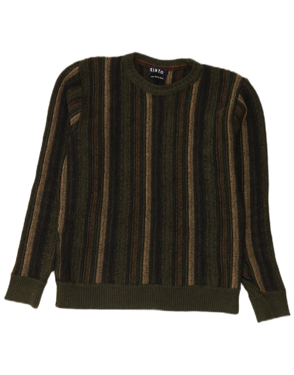 Maglione girocollo da uomo vintage in lana merino a righe verdi piccole