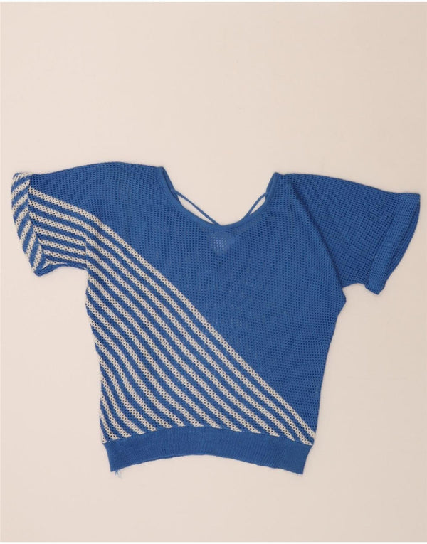 Maglione da donna VINTAGE con scollo a barchetta trasparente UK 14 grande blu