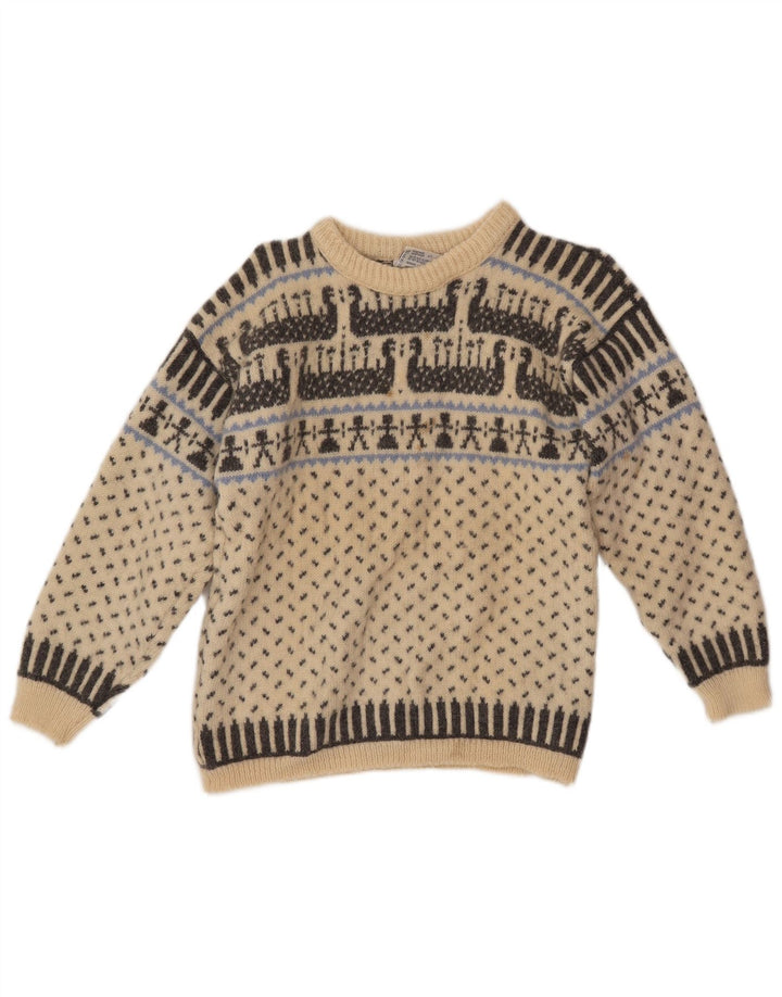 Maglione maglione con scollo a barca da donna VOSS UK 10 piccolo lana Fair Isle bianco sporco
