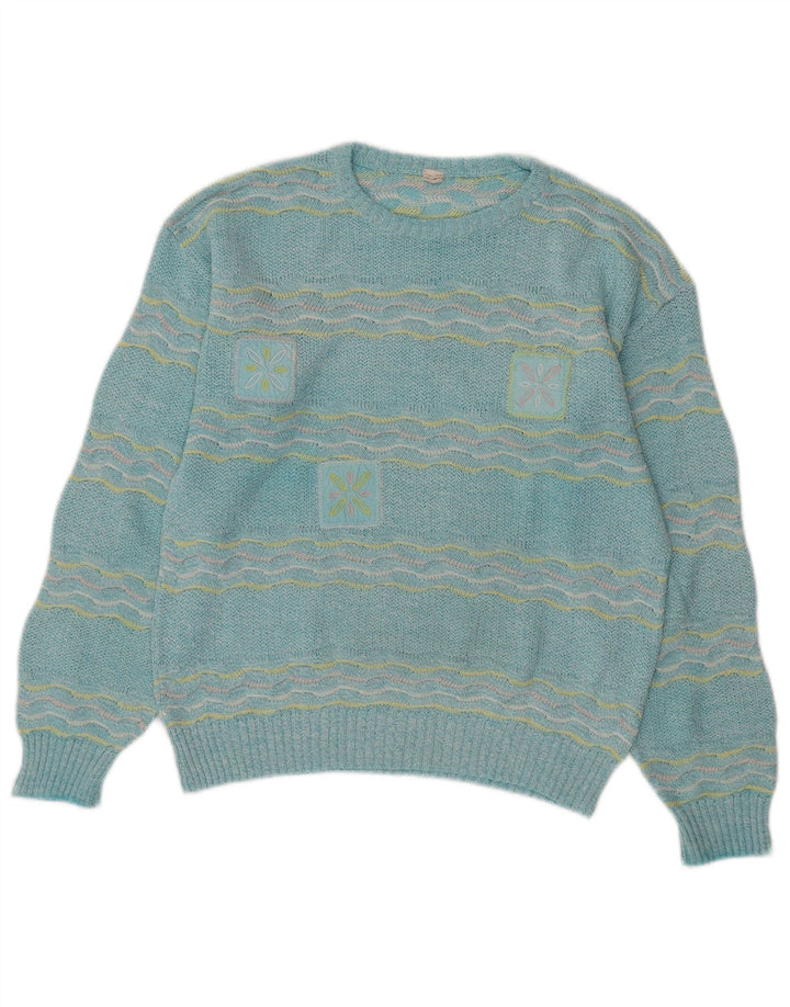 VINTAGE Womens Crew Neck Jumper Sweater UK 14 Medium Turquoise Striped