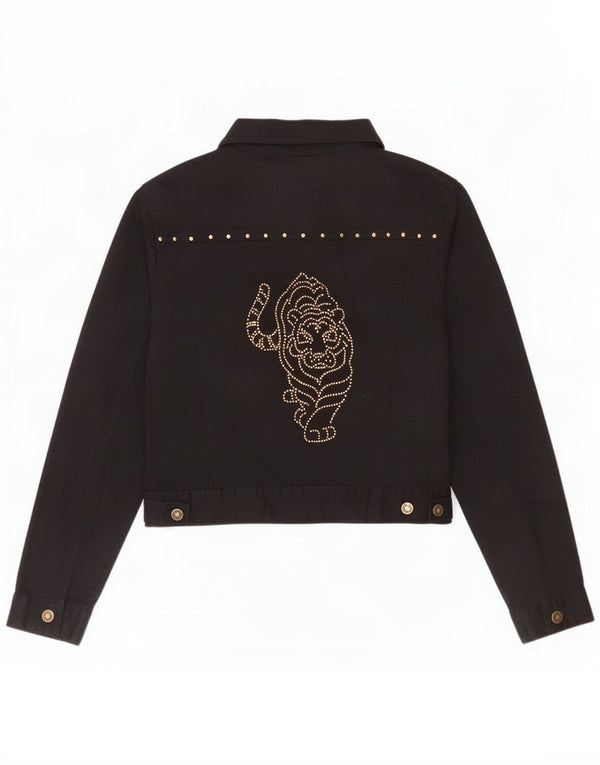Giacca di jeans da donna John F Gee UK 12 Cotone medio nero con stampa animalier