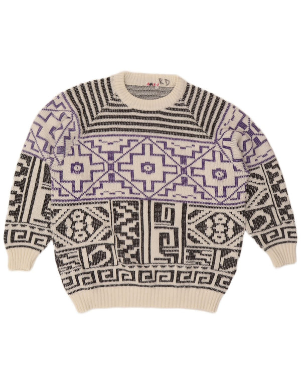 Maglione girocollo da uomo vintage in lana geometrica bianca grande