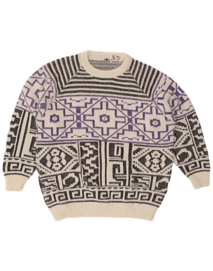 Maglione girocollo da uomo vintage in lana geometrica bianca grande