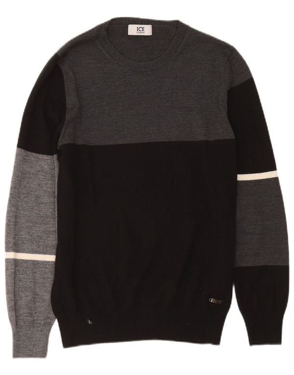 Iceberg Maglione girocollo da uomo girocollo in lana color block medio nero